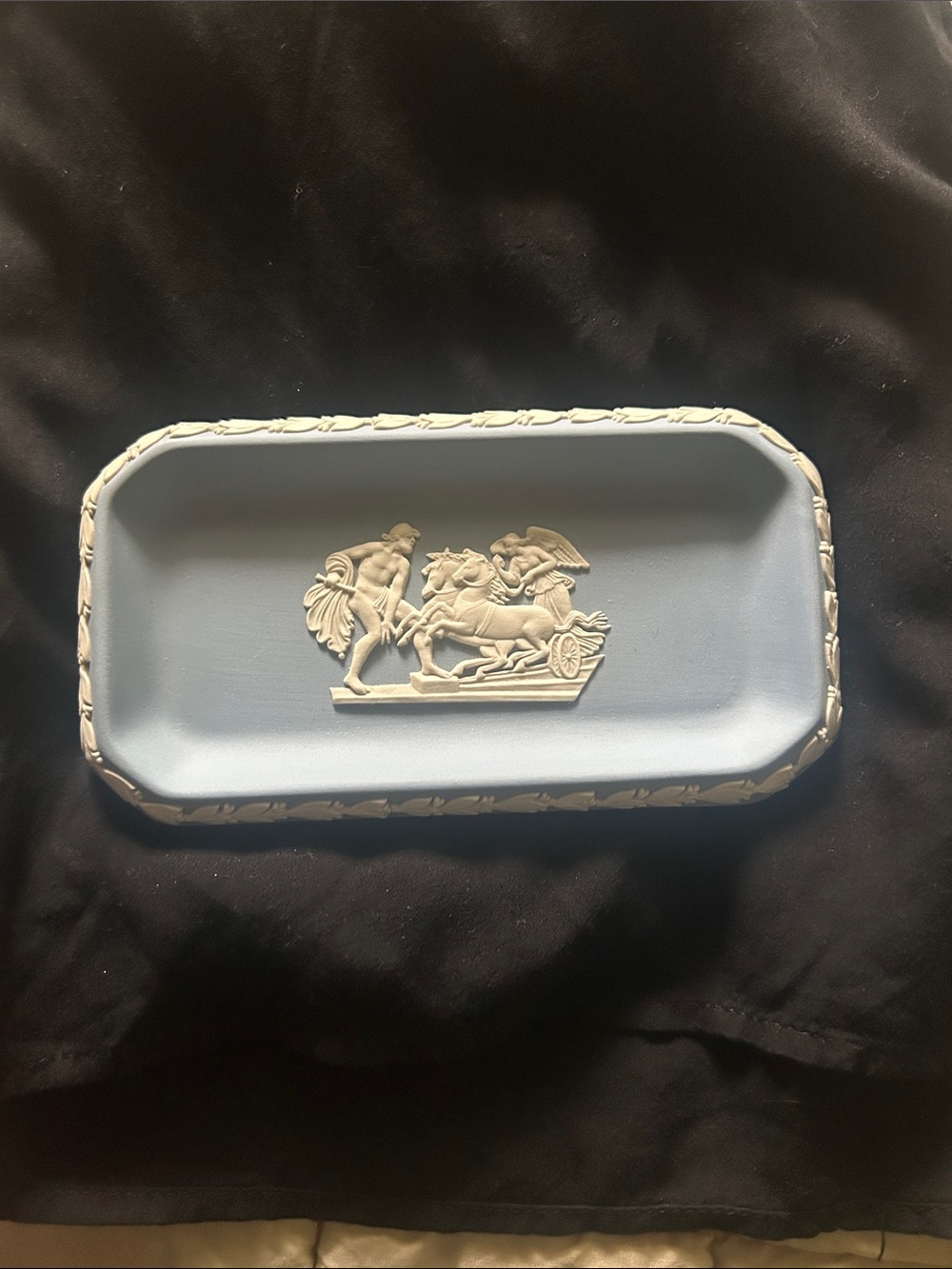 Vintage  Wedgewood Jasperware Blue Trinket Dish Vanity Horses Chariot
